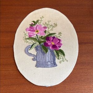 Floral Embroidered handmade crewel Oval Canvas Unframed vintage retro decor